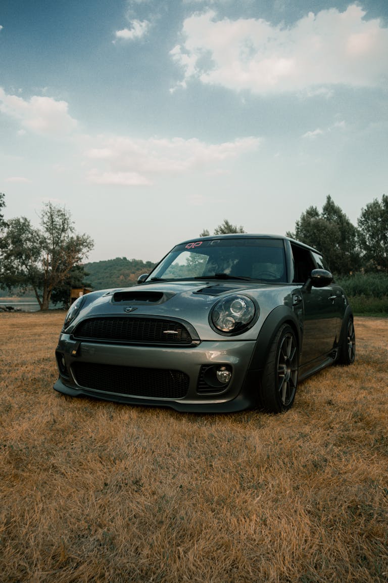 A sleek Mini Cooper parked outdoors on a grassy field under a clear sky.